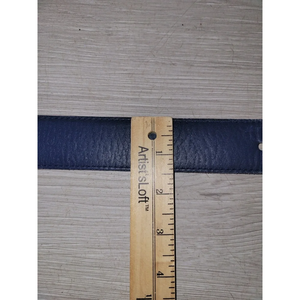 Vintage Navy Blue Genuine Leather‎ Belt Gold Textured Statement Buckle USA Small